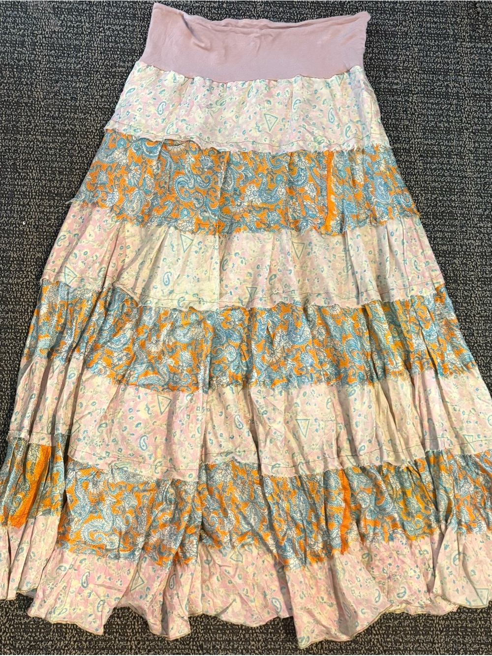 Paradise New York Boho 100% silk Tiered Paisley Maxi Skirt